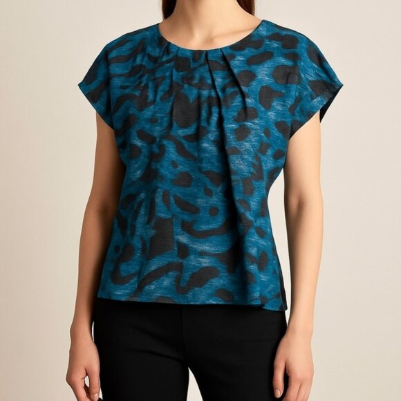 BOSS Hugo Boss Blue Abstract Print Pleated Blouse Women’s Size 6 - Picture 1 of 9